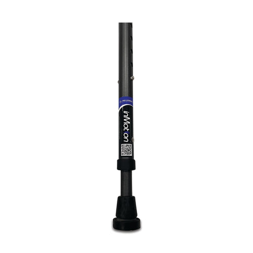 Black adjustable walking cane with QR code.