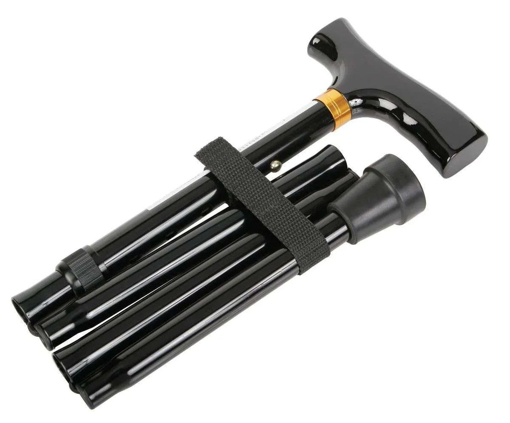 Foldable black walking cane with T-handle