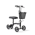 Four-wheel black rollator with seat and basket.