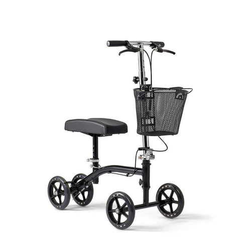 Four-wheel black rollator with seat and basket.