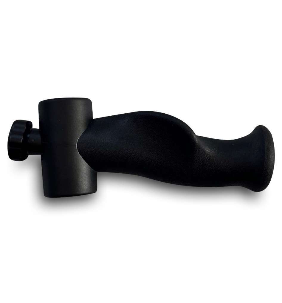 Black percussion massage gun isolated on white background.