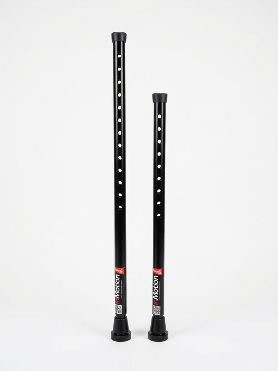 Two adjustable black walking cane stems.