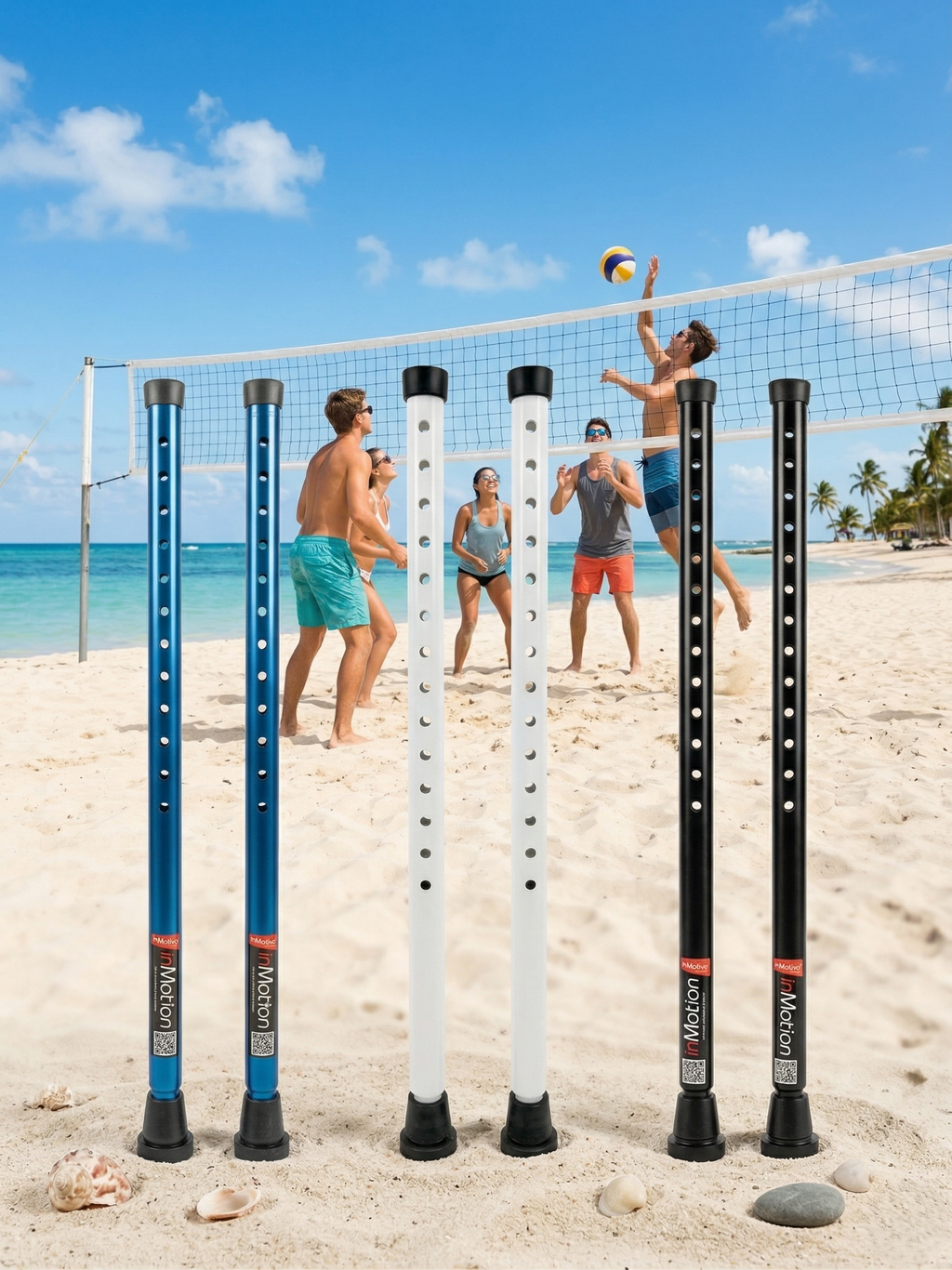 Beach volleyball game with standing poles.