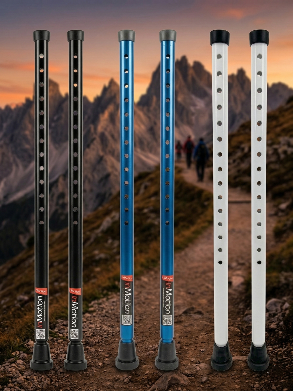 Three pairs of colorful walking poles.