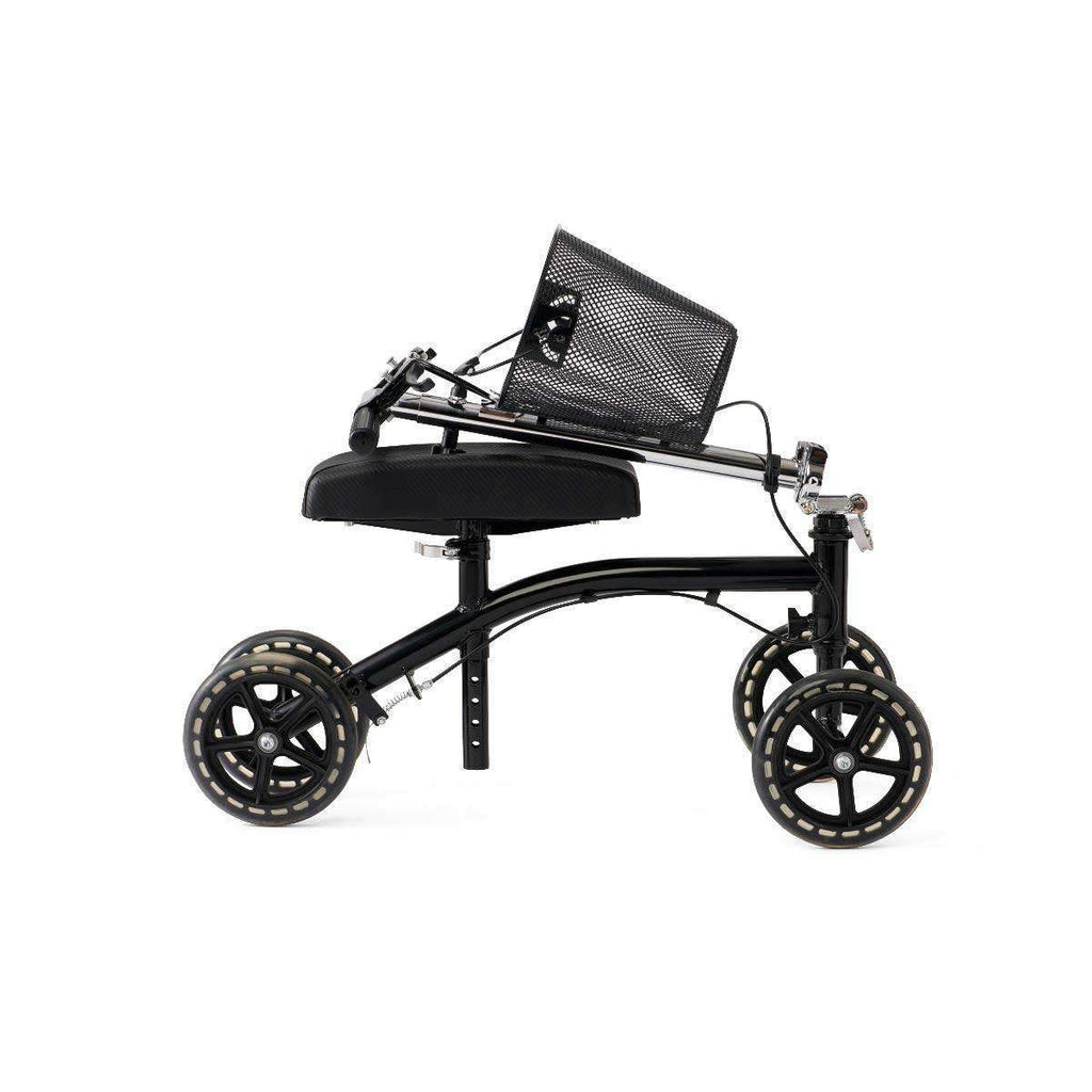 Black rolling walker with seat and brakes.