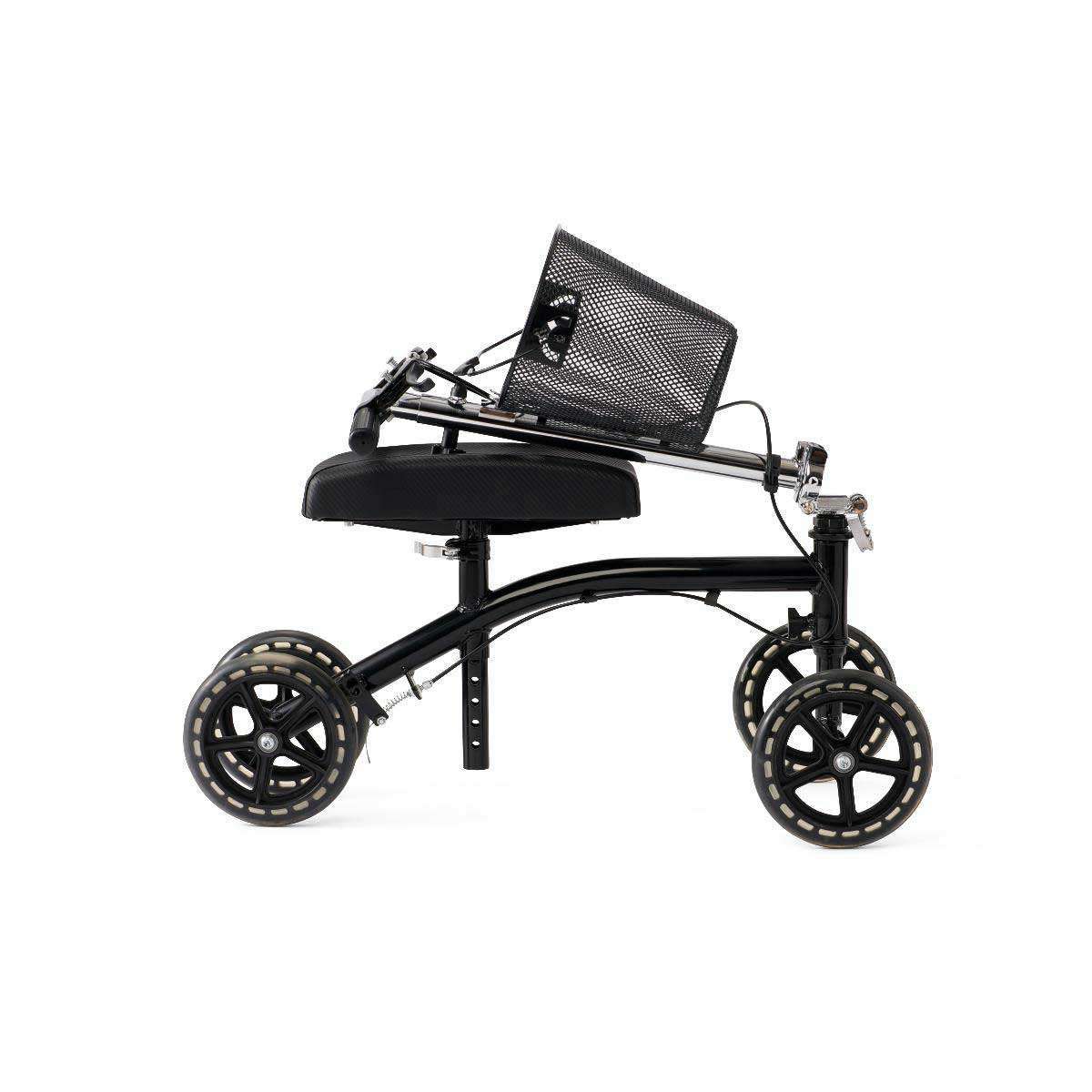 Black rolling walker with seat and brakes.