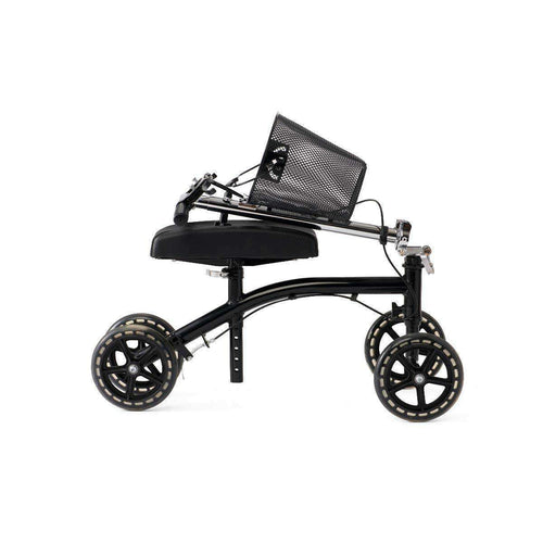 Black rolling walker with seat and brakes.