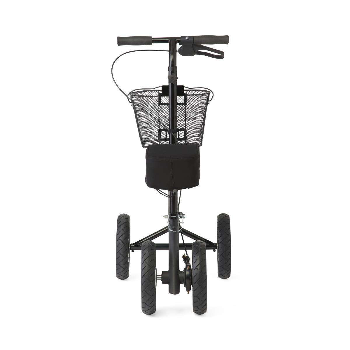 Four-wheeled walker with basket, isolated on white background.