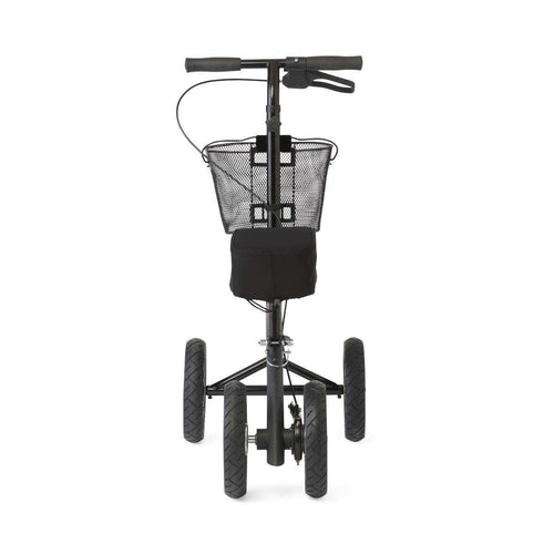 Four-wheeled walker with basket, isolated on white background.