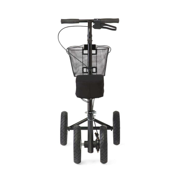 Four-wheeled walker with basket, isolated on white background.