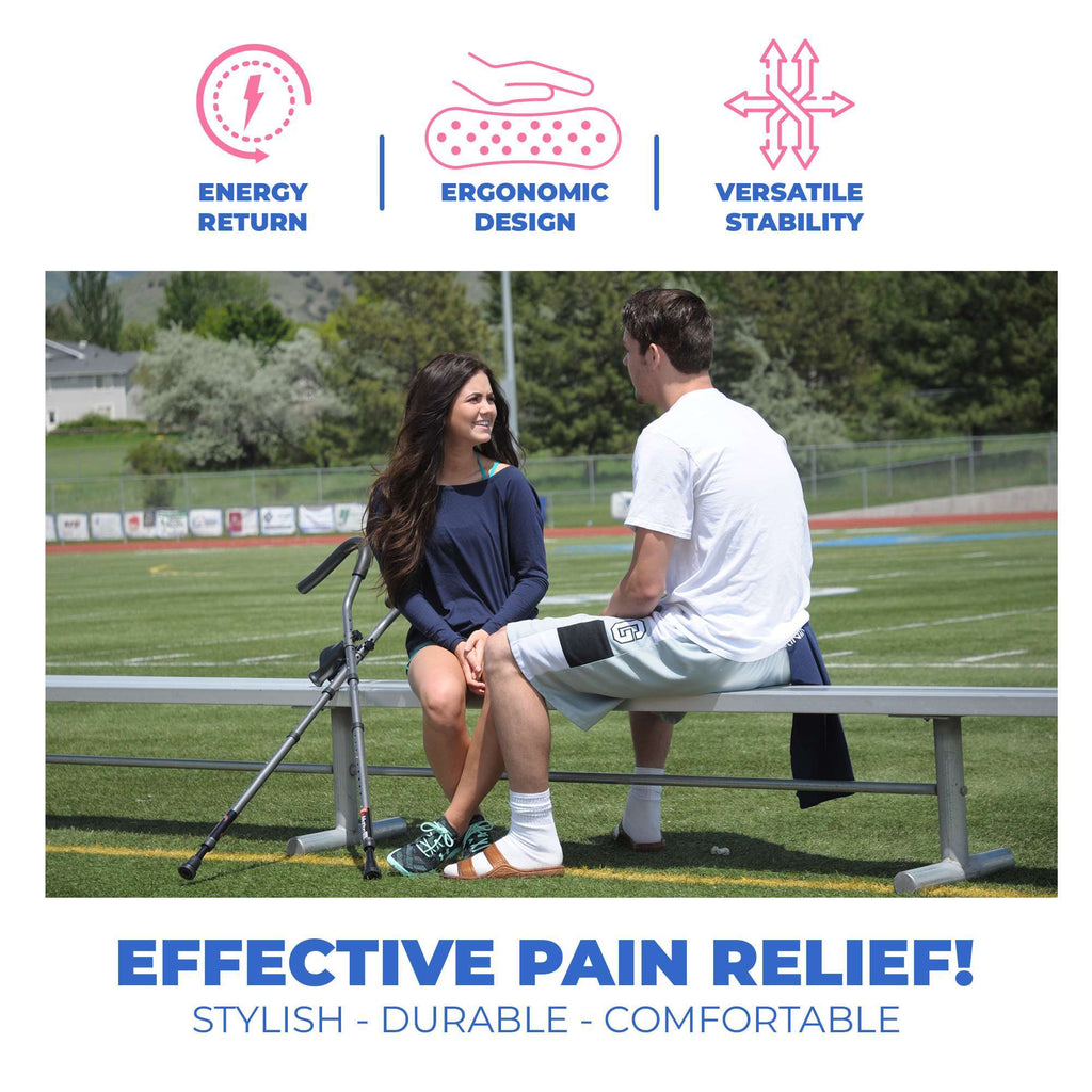 Couple sitting with crutches, effective pain relief advertisement.