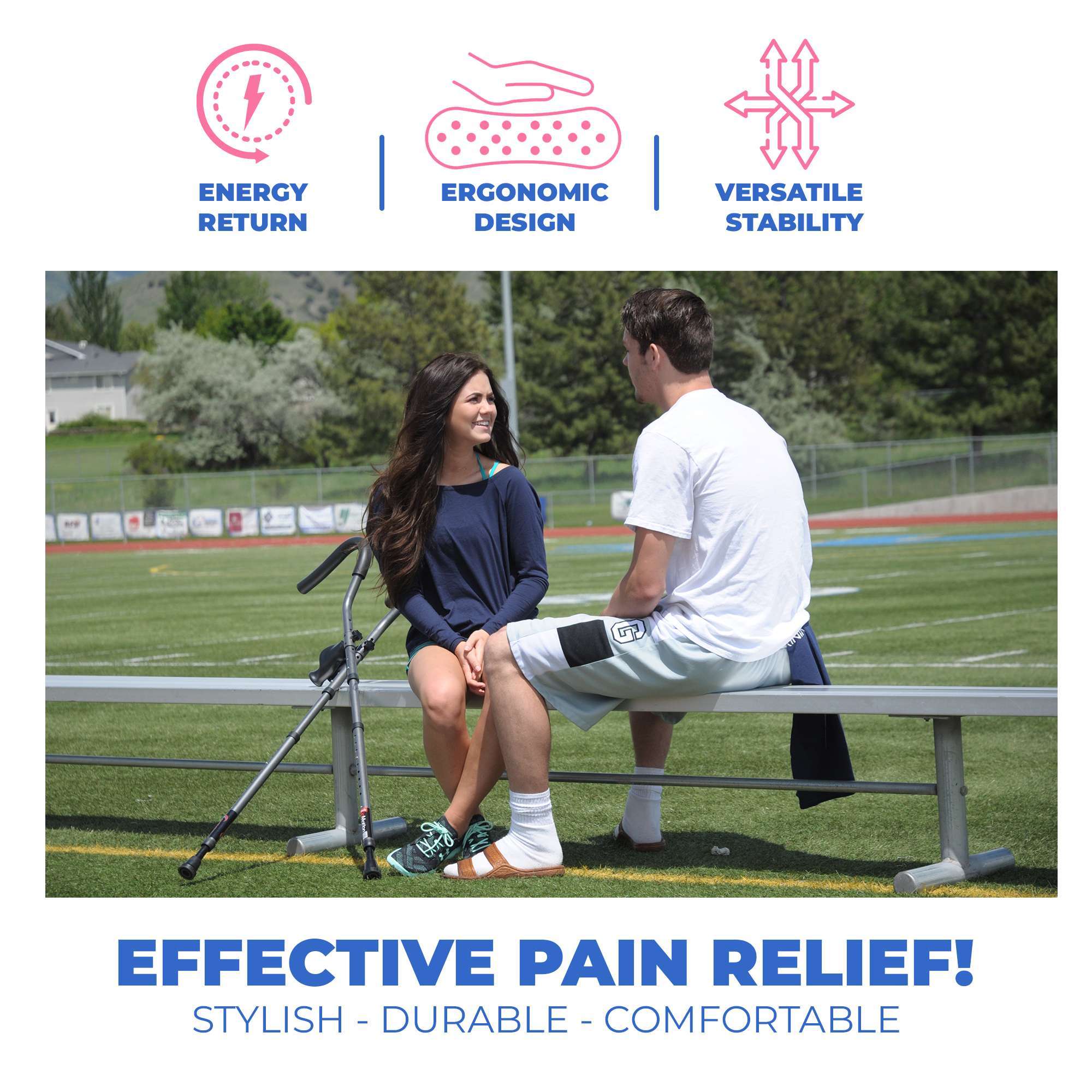 Couple sitting with crutches, effective pain relief advertisement.