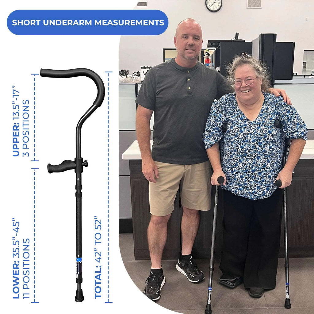 Adjustable short underarm crutch with measurement guide.