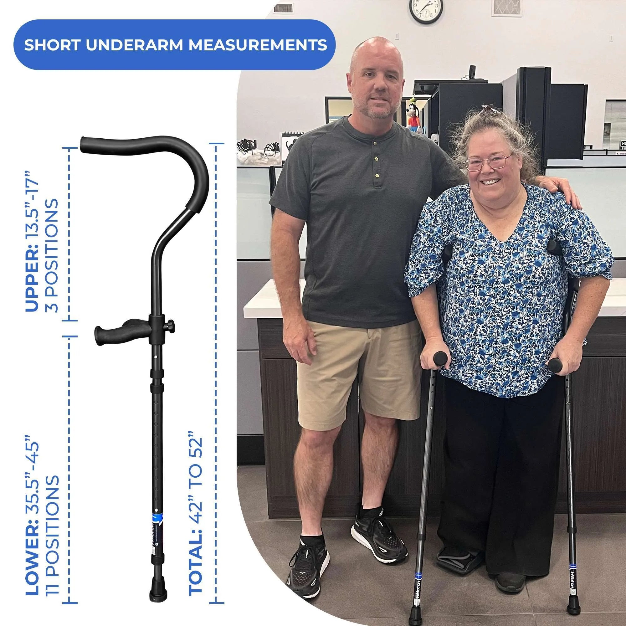 Adjustable short underarm crutch with measurement guide.