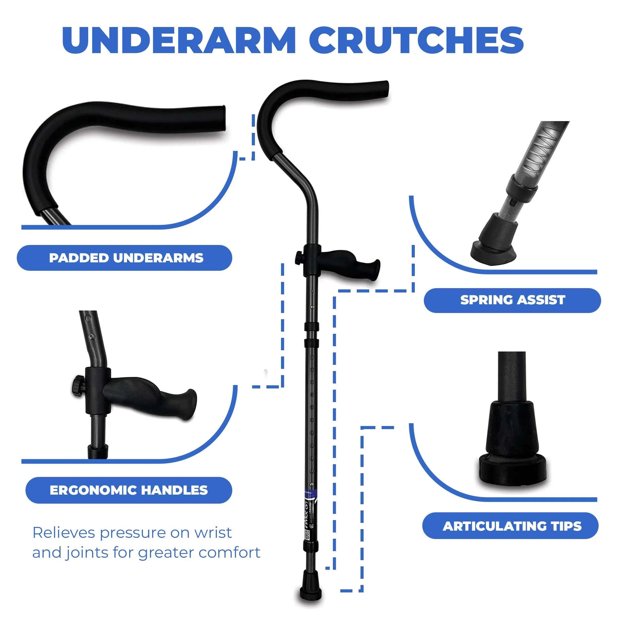 Underarm crutches features: ergonomic handles, spring assist.
