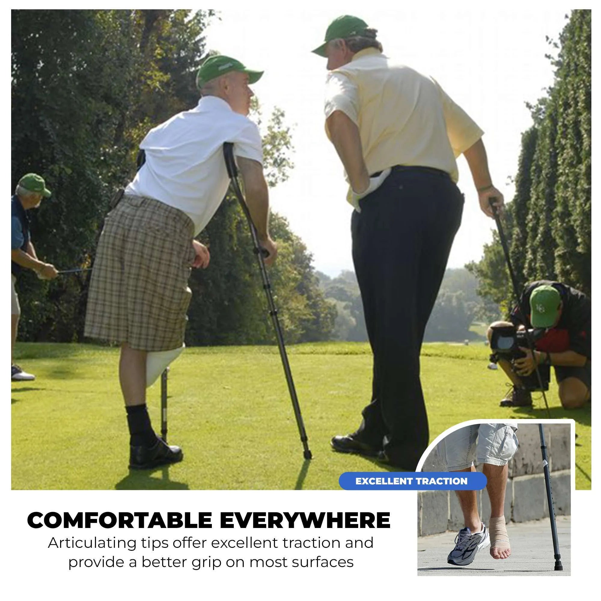 Men using crutches with traction tips on grass.