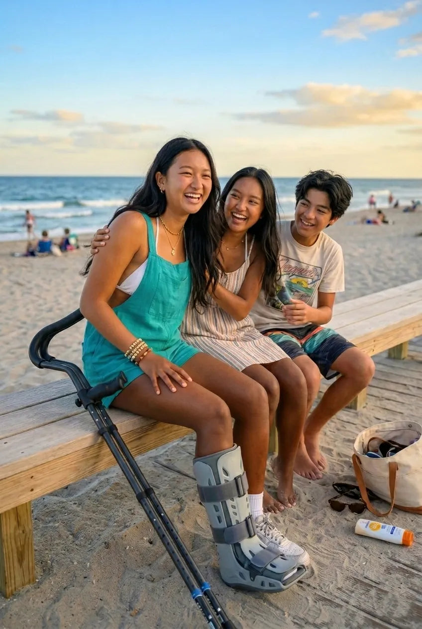Friends laughing on the beach bench at sunset.