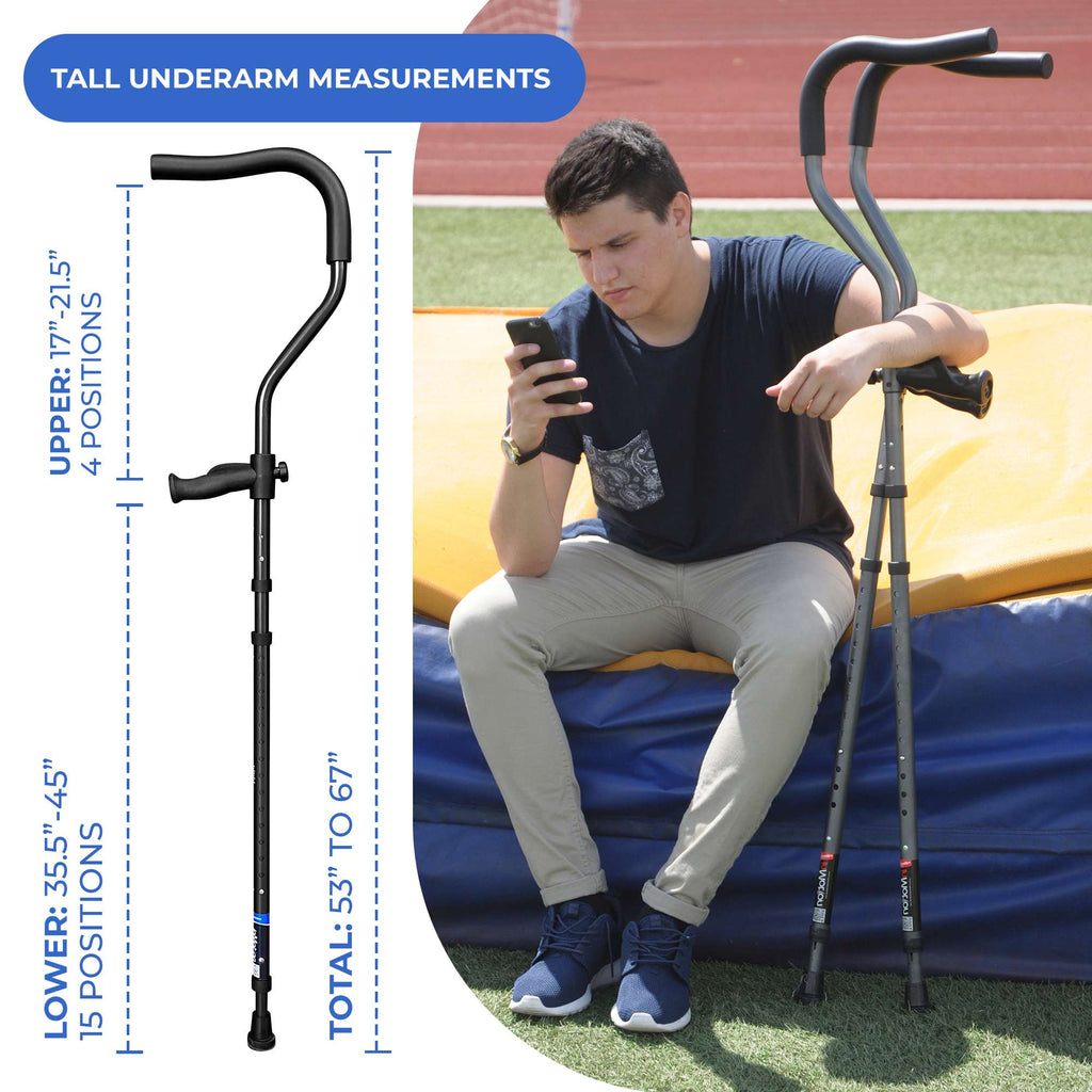 Man using adjustable crutches with tall underarm measurements.