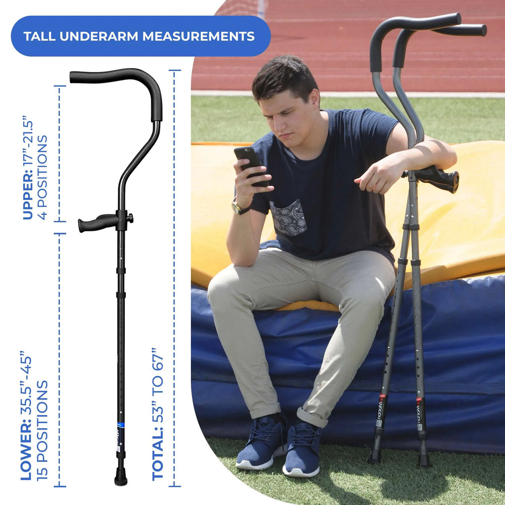 Tall underarm crutches measurement guide with user.