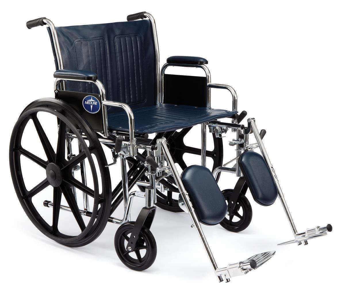 Manual wheelchair with black wheels and navy upholstery.