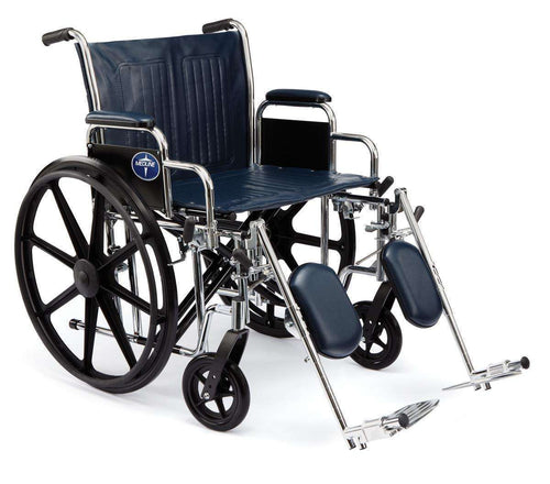 Manual wheelchair with black wheels and navy upholstery.