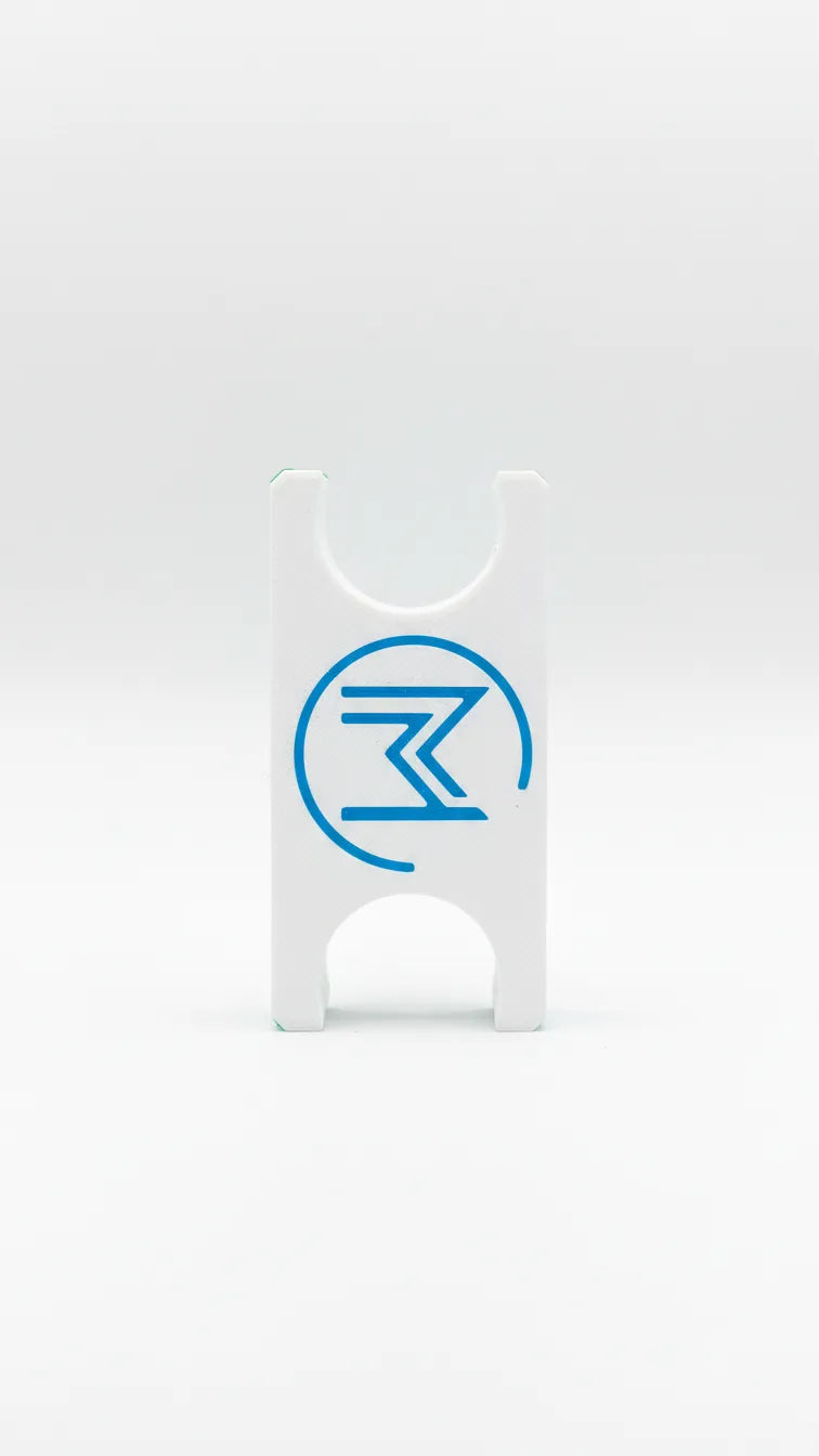White card with blue circular logo design.